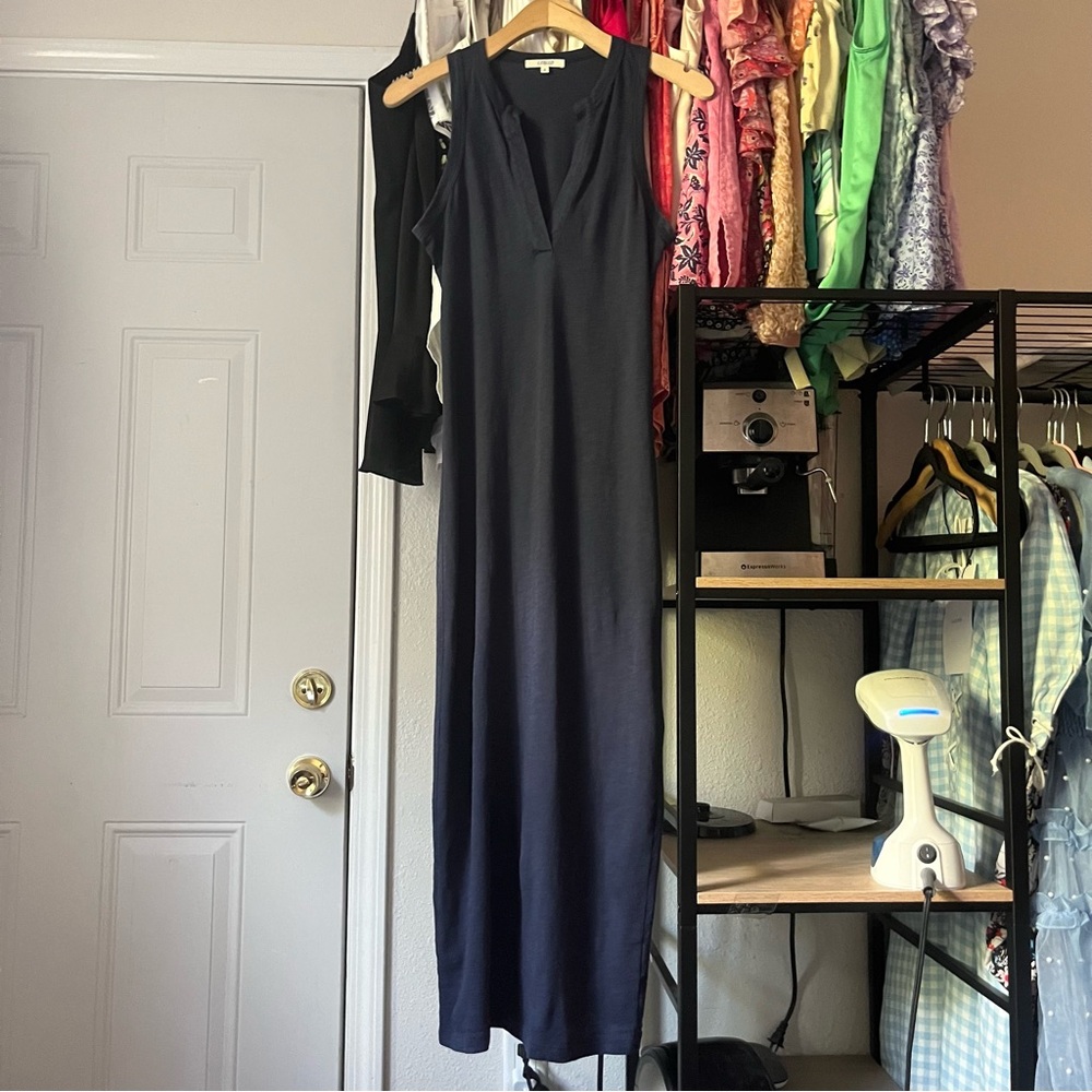 LEALLO navy blue cotton‎ sleeveless knit popover tshirt midi dress